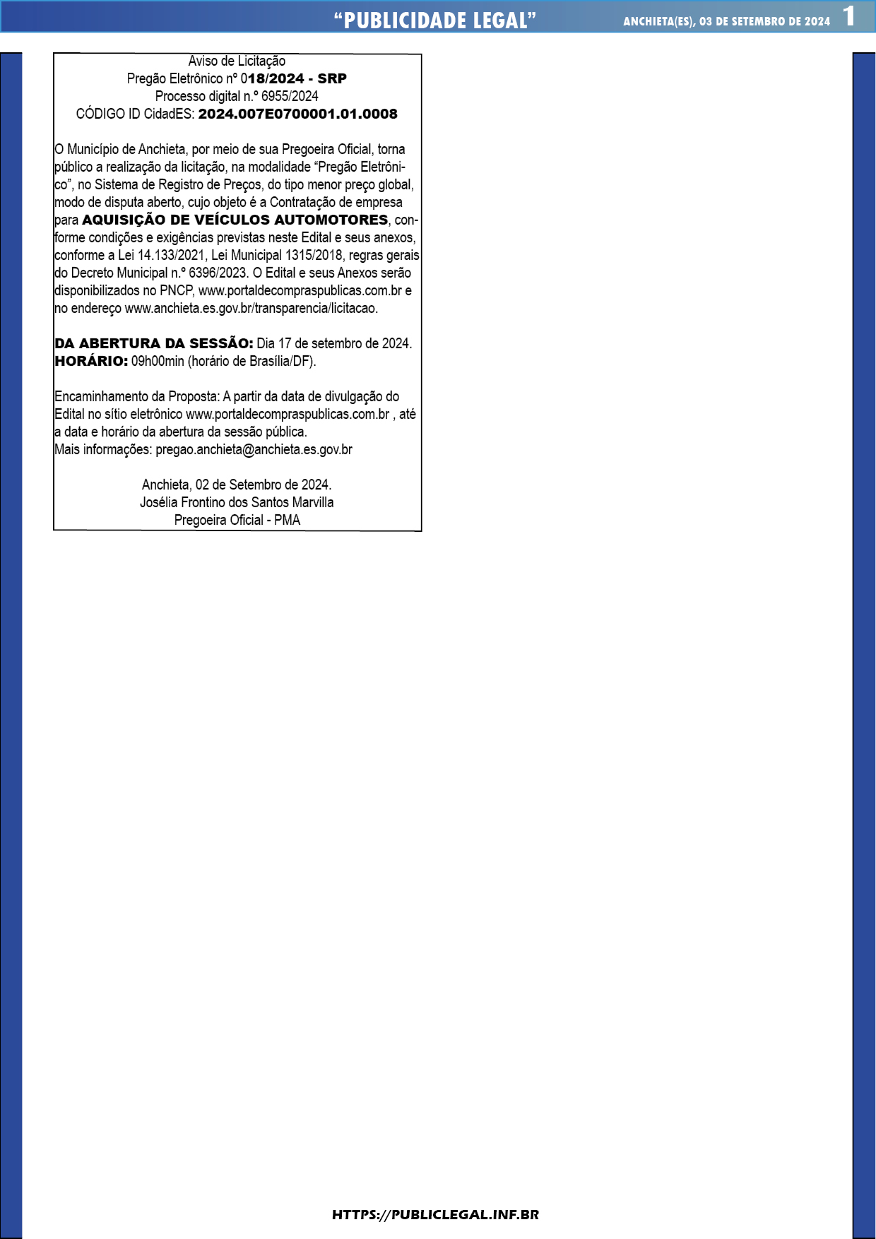 Leia mais sobre o artigo Publicidade Legal | 03/09/2024