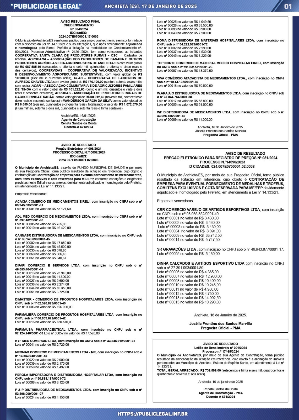 Você está visualizando atualmente Publicidade Legal | 17/01/2025 atualizado às 11:00 h