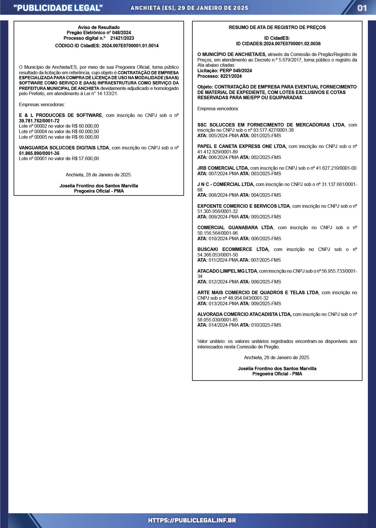 Leia mais sobre o artigo Publicidade Legal | 29/01/2025