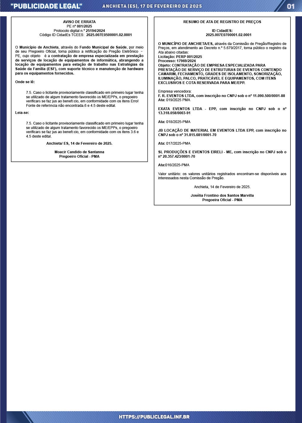 Leia mais sobre o artigo Publicidade Legal | 17/02/2025