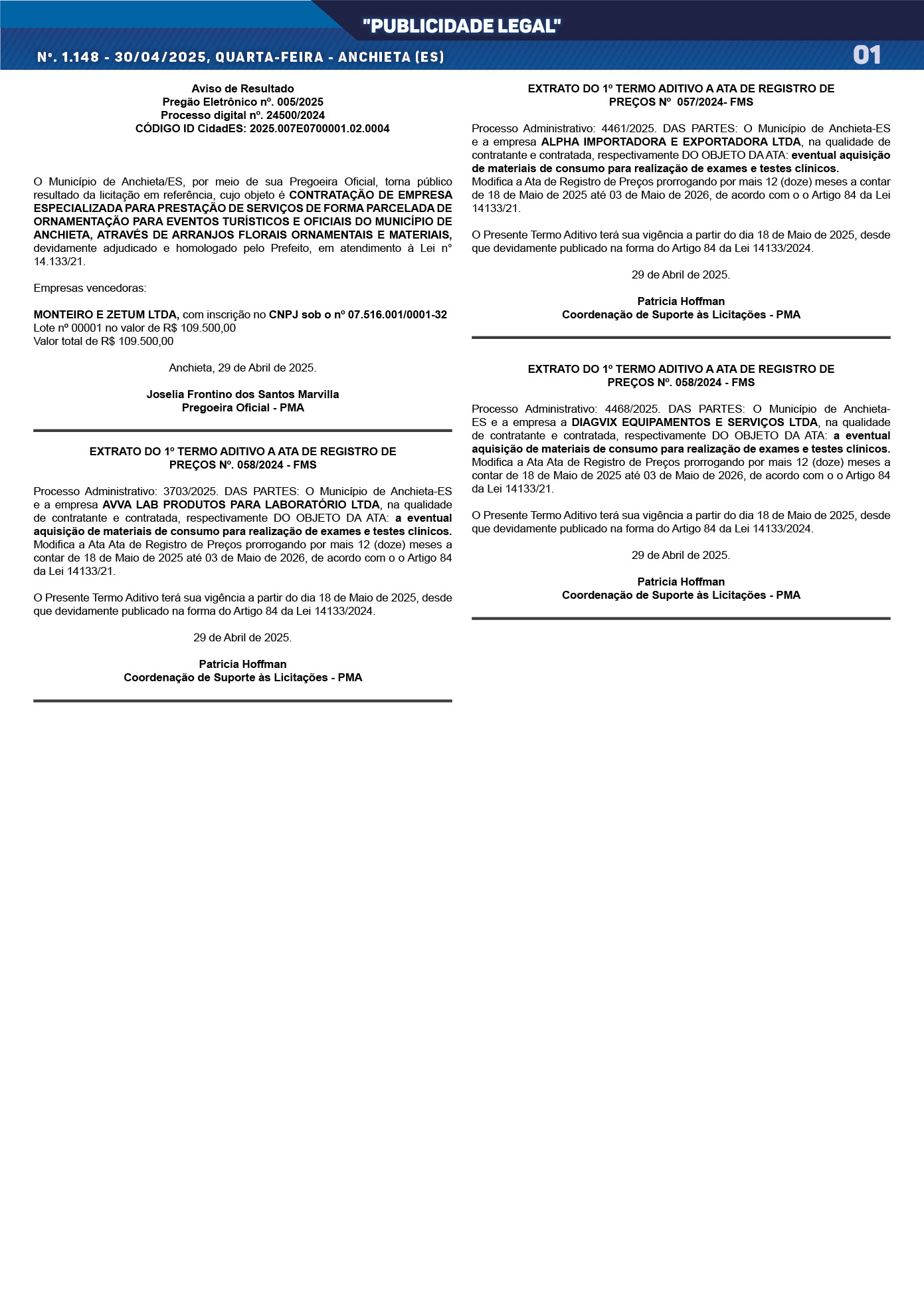 Você está visualizando atualmente Publicidade Legal | 30/04/2025 | N°. 1.148