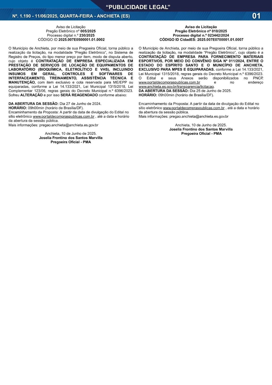 Você está visualizando atualmente Publicidade Legal | 11/06/2025 | N°. 1.190