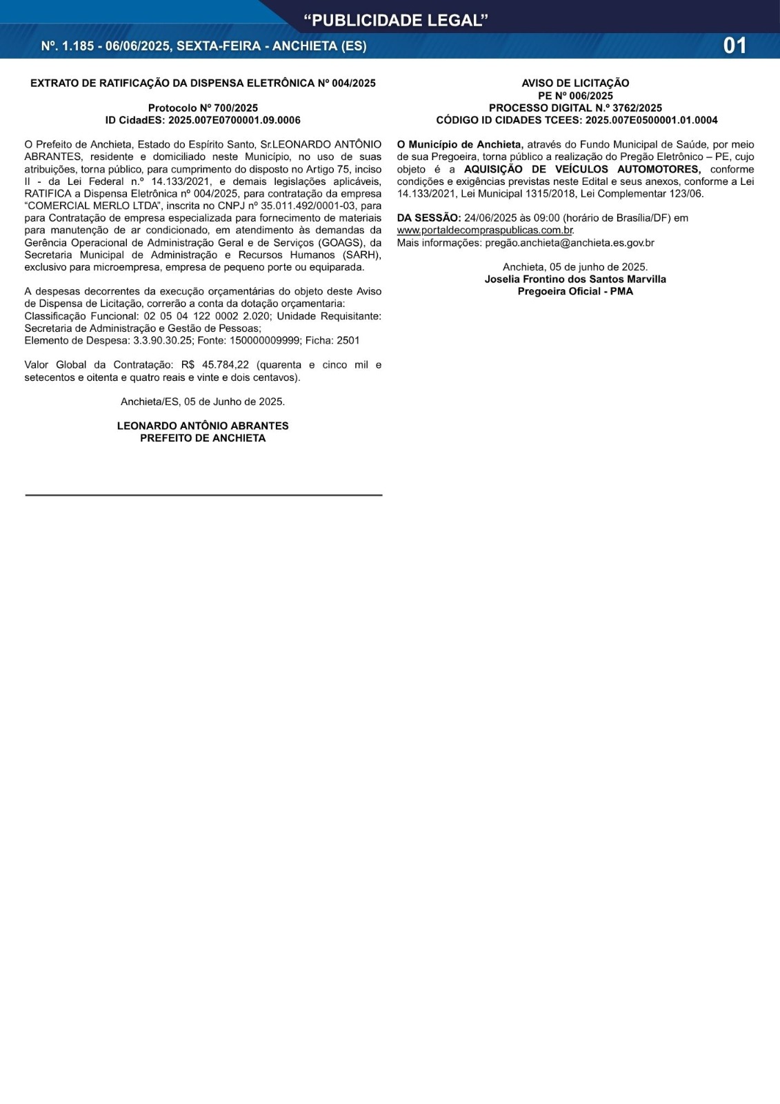 Leia mais sobre o artigo Publicidade Legal | 06/06/2025 | N°. 1.185