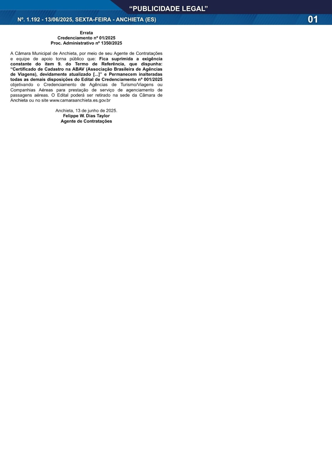 Você está visualizando atualmente Publicidade Legal | 13/06/2025 | N°. 1.192