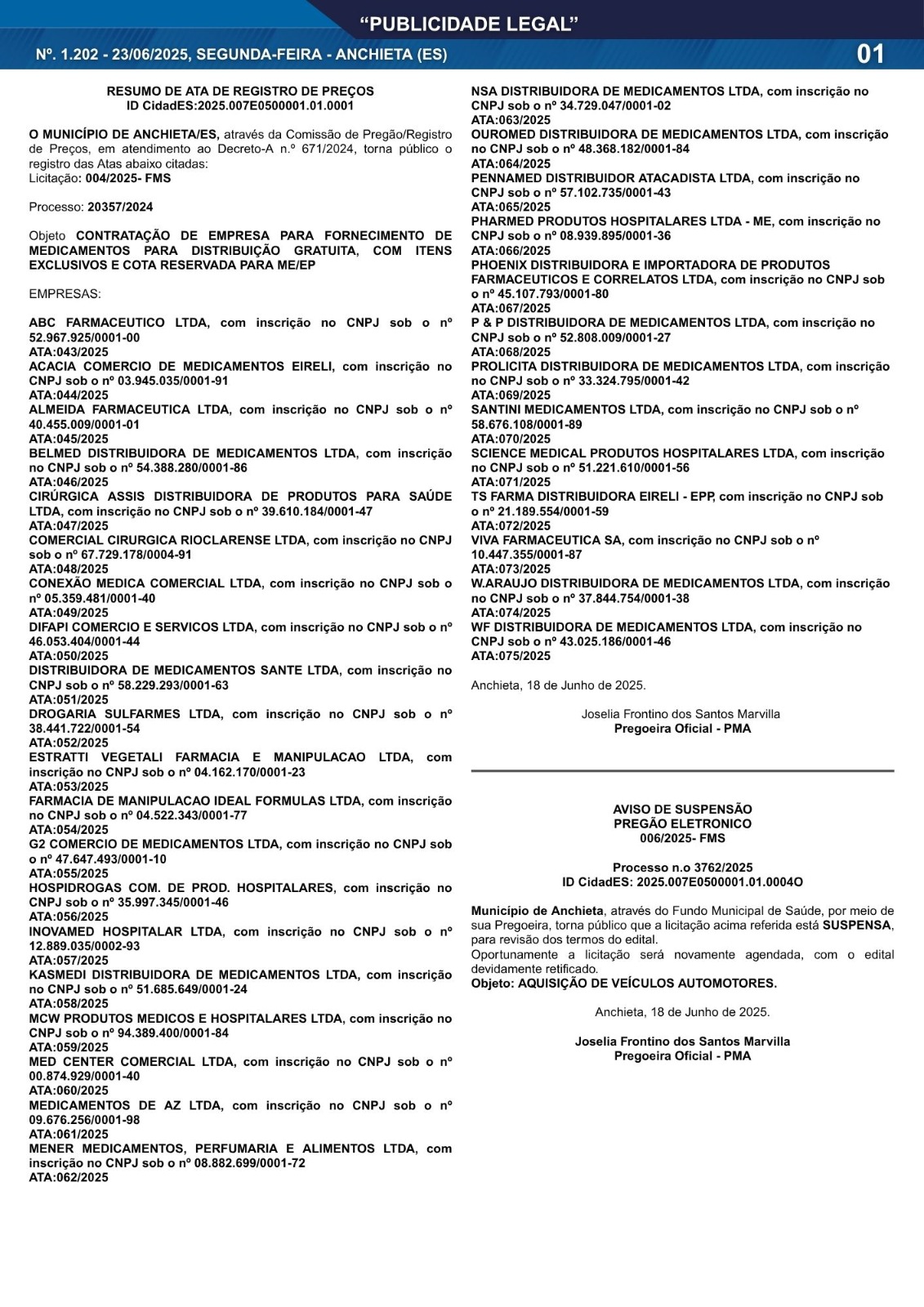 Você está visualizando atualmente Publicidade Legal | 23/06/2025 | N°. 1.202