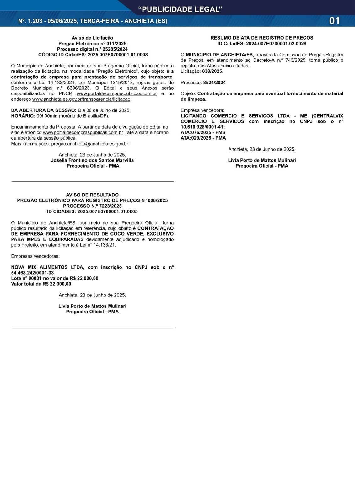 Você está visualizando atualmente Publicidade Legal | 24/06/2025 | N°. 1.203