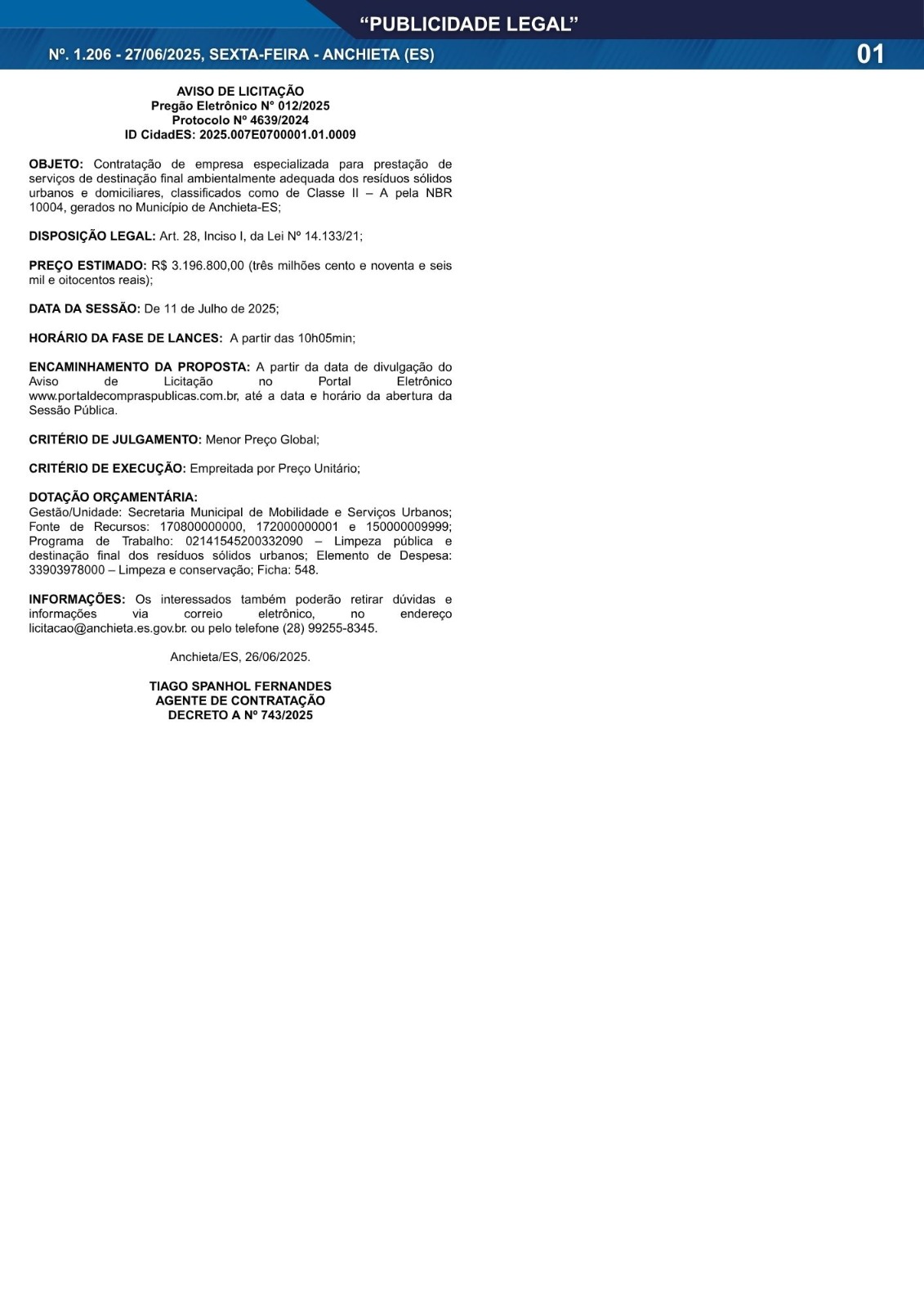 Você está visualizando atualmente Publicidade Legal | 27/06/2025 | N°. 1.206