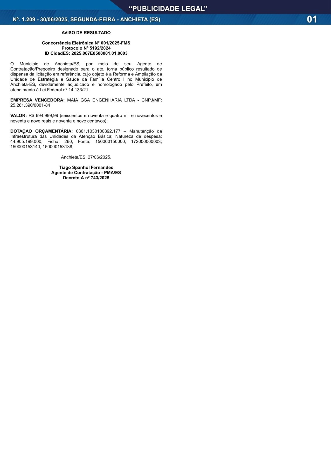 Você está visualizando atualmente Publicidade Legal | 30/06/2025 | N°. 1.209
