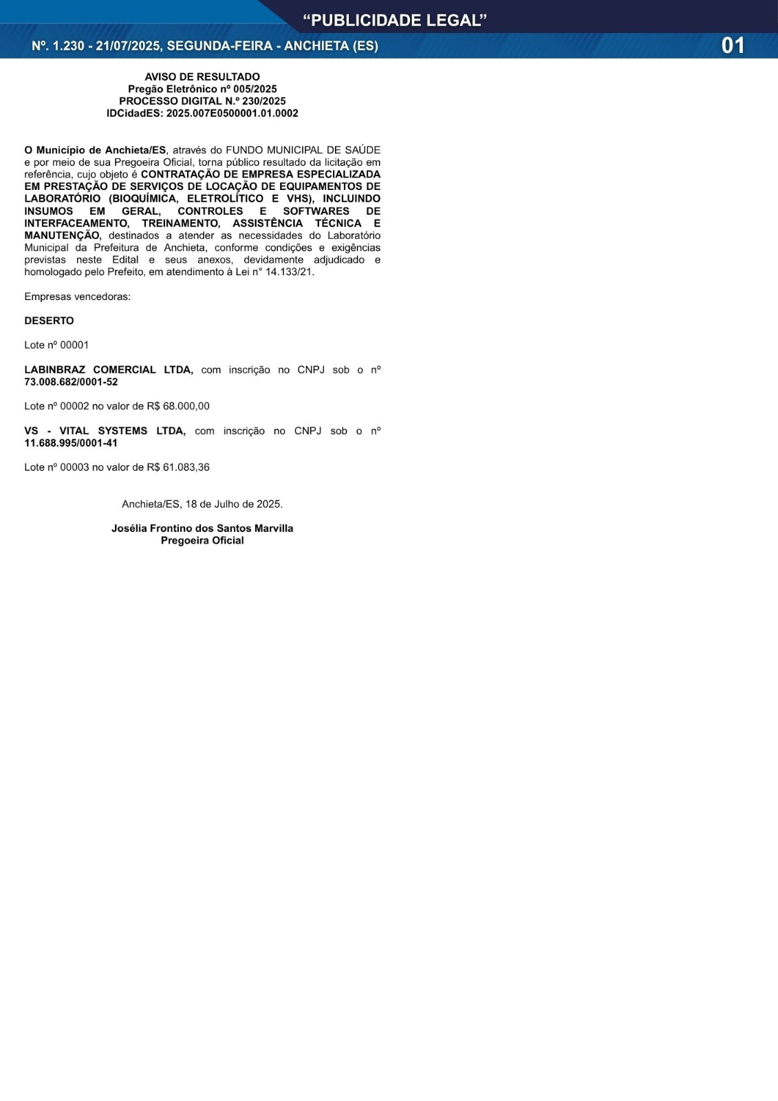Você está visualizando atualmente Publicidade Legal | 21/07/2025 | N°. 1.230