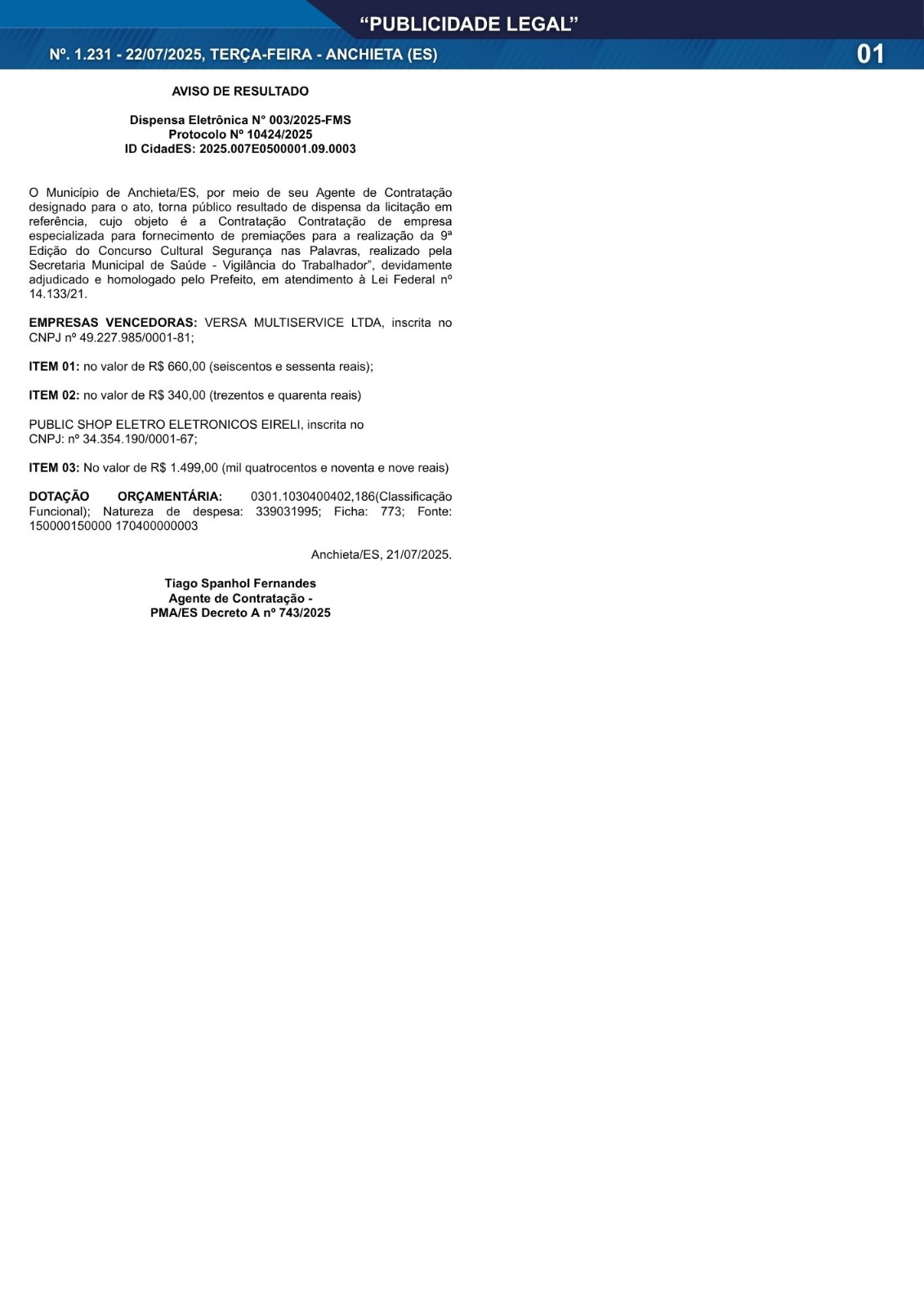 Você está visualizando atualmente Publicidade Legal | 22/07/2025 | N°. 1.231
