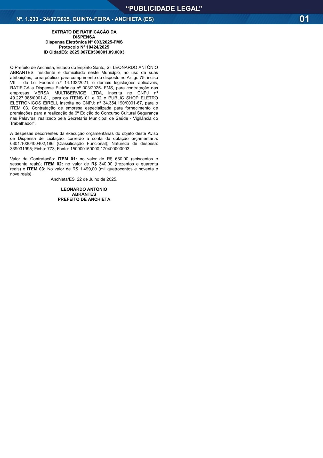 Você está visualizando atualmente Publicidade Legal | 24/07/2025 | N°. 1.233