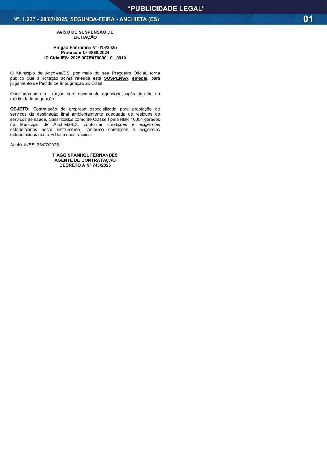 Leia mais sobre o artigo Publicidade Legal | 28/07/2025 | N°. 1.237