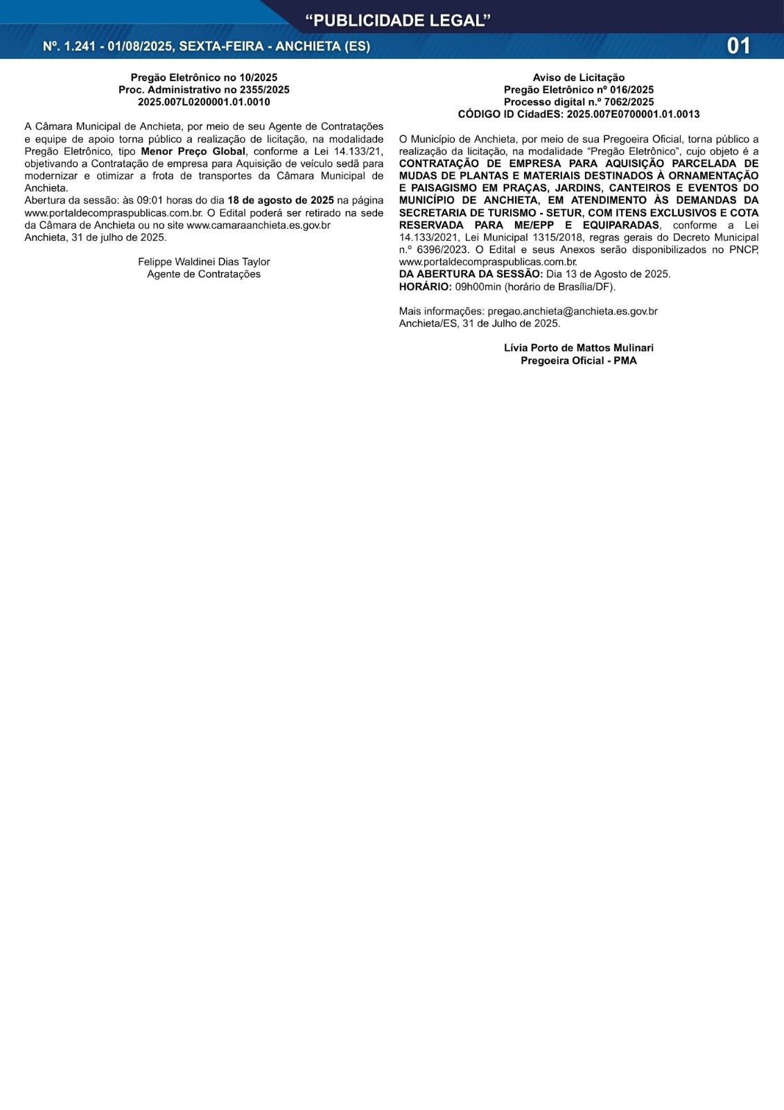 Você está visualizando atualmente Publicidade Legal | 01/08/2025 | N°. 1.241