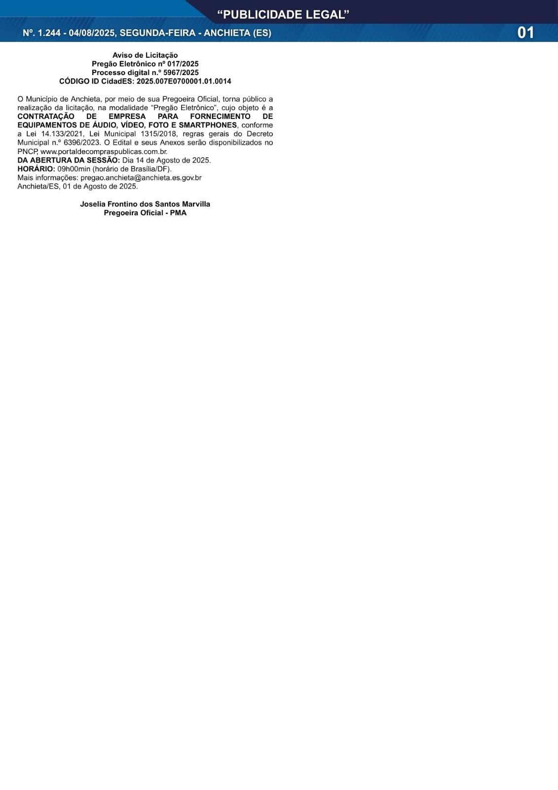 Você está visualizando atualmente Publicidade Legal | 04/08/2025 | N°. 1.244