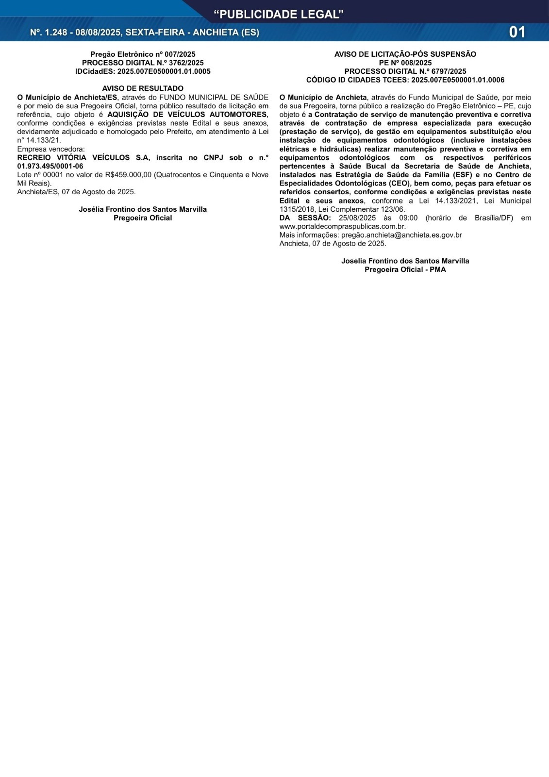 Você está visualizando atualmente Publicidade Legal | 08/08/2025 | N°. 1.248