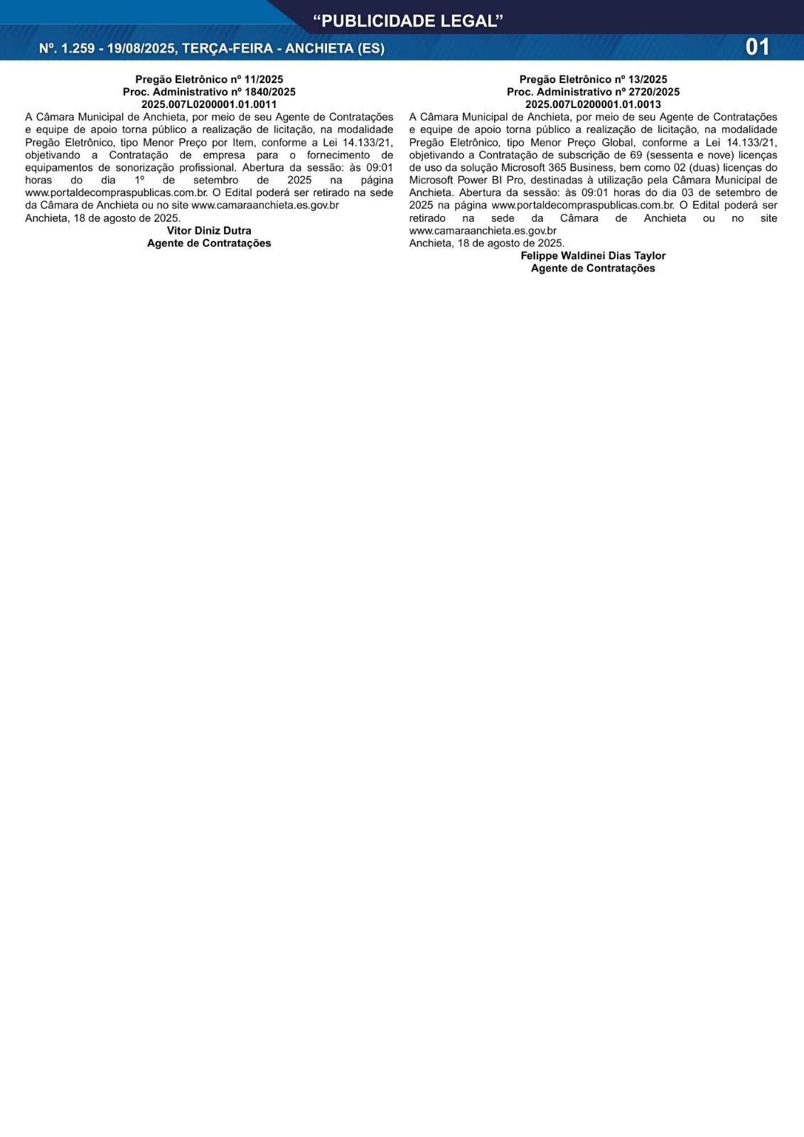 Você está visualizando atualmente Publicidade Legal | 19/08/2025 | N°. 1.259