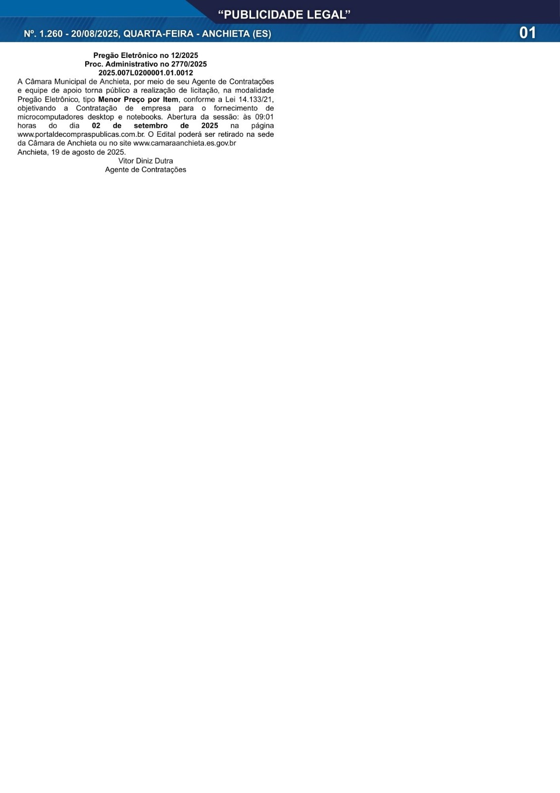 Você está visualizando atualmente Publicidade Legal | 20/08/2025 | N°. 1.260