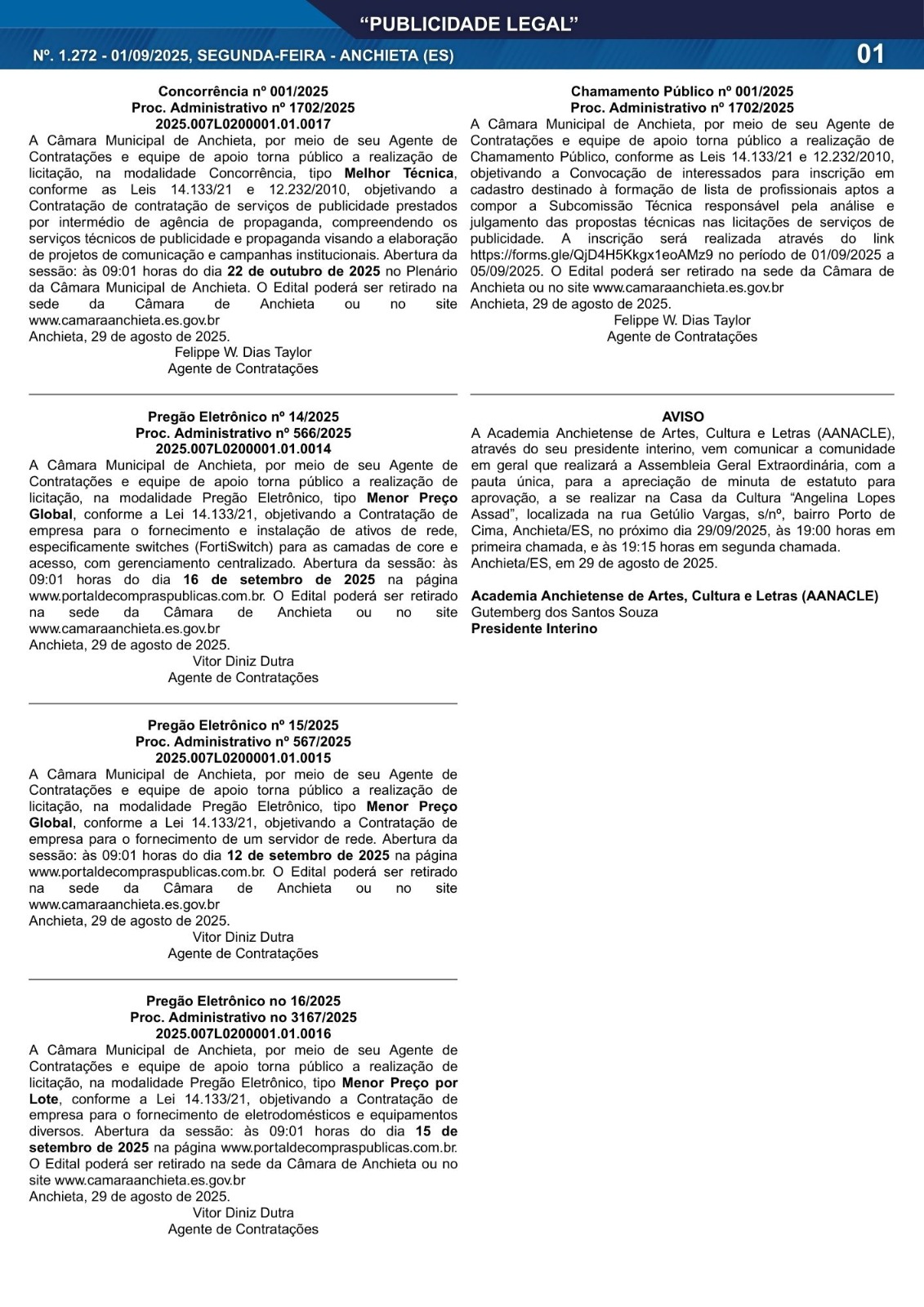 Leia mais sobre o artigo Publicidade Legal | 01/09/2025 | N°. 1.272