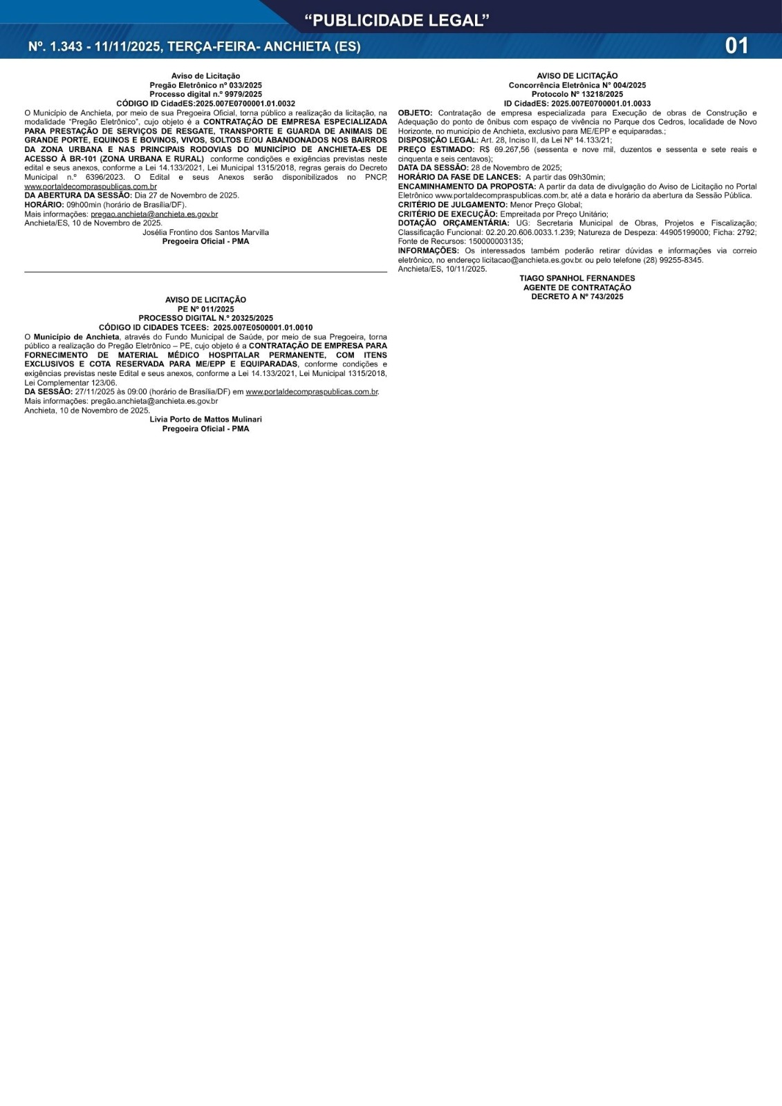 Você está visualizando atualmente Publicidade Legal | 11/11/2025 | N°. 1.343