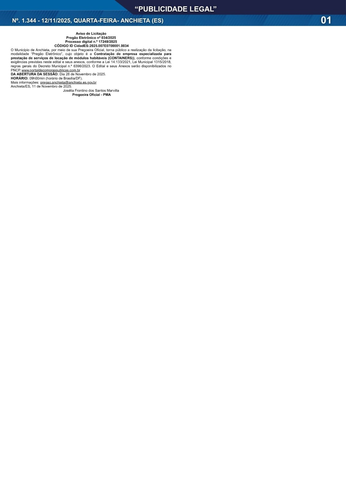 Você está visualizando atualmente Publicidade Legal | 12/11/2025 | N°. 1.344