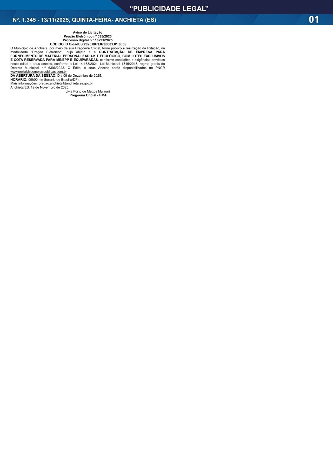 Você está visualizando atualmente Publicidade Legal | 13/11/2025 | N°. 1.345