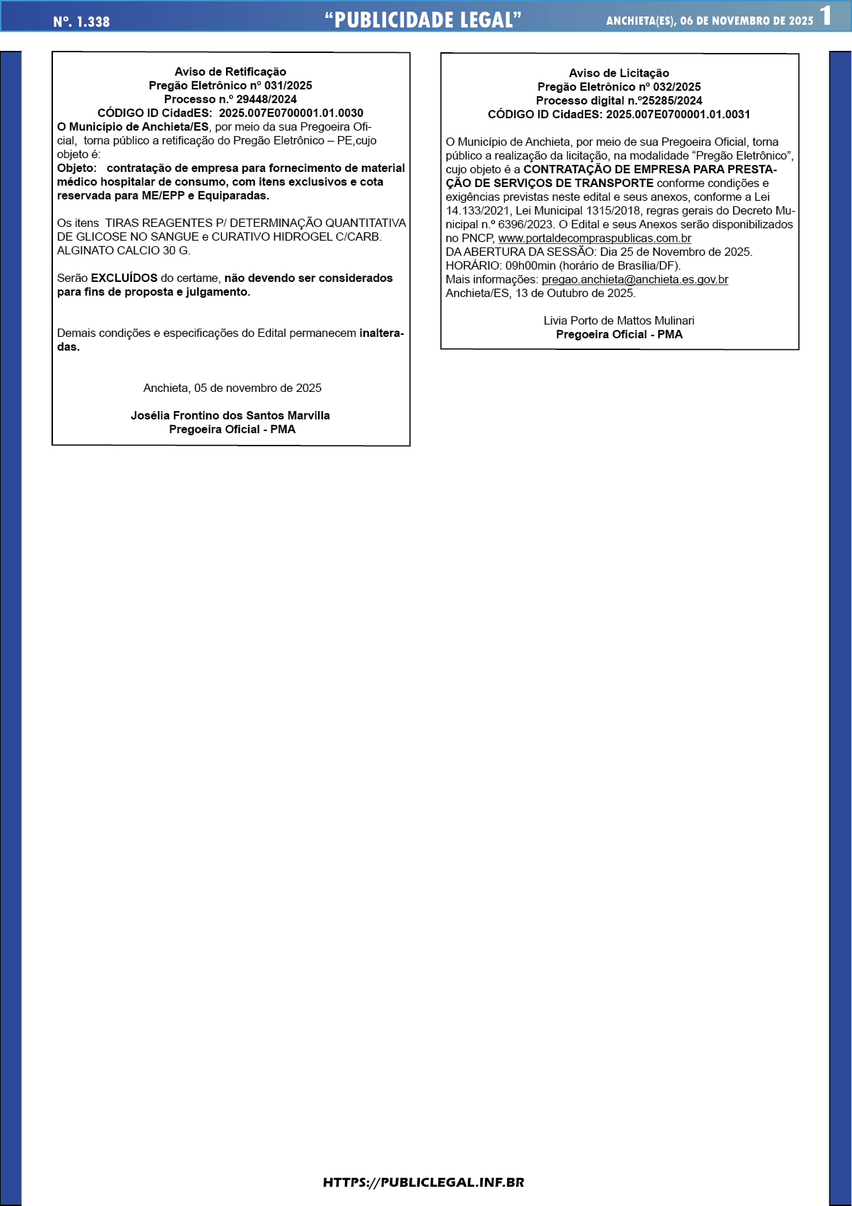 Você está visualizando atualmente Publicidade Legal | 06/11/2025 | N°. 1.338