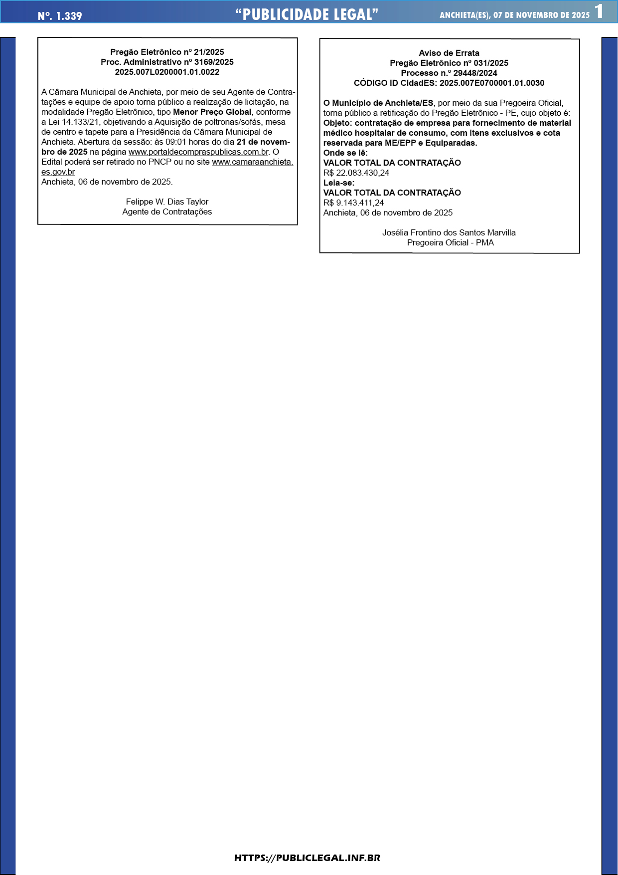 Você está visualizando atualmente Publicidade Legal | 07/11/2025 | N°. 1.339