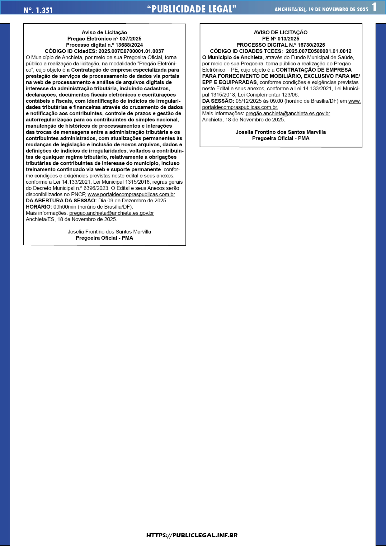 Leia mais sobre o artigo Publicidade Legal | 19/11/2025 | N°. 1.351