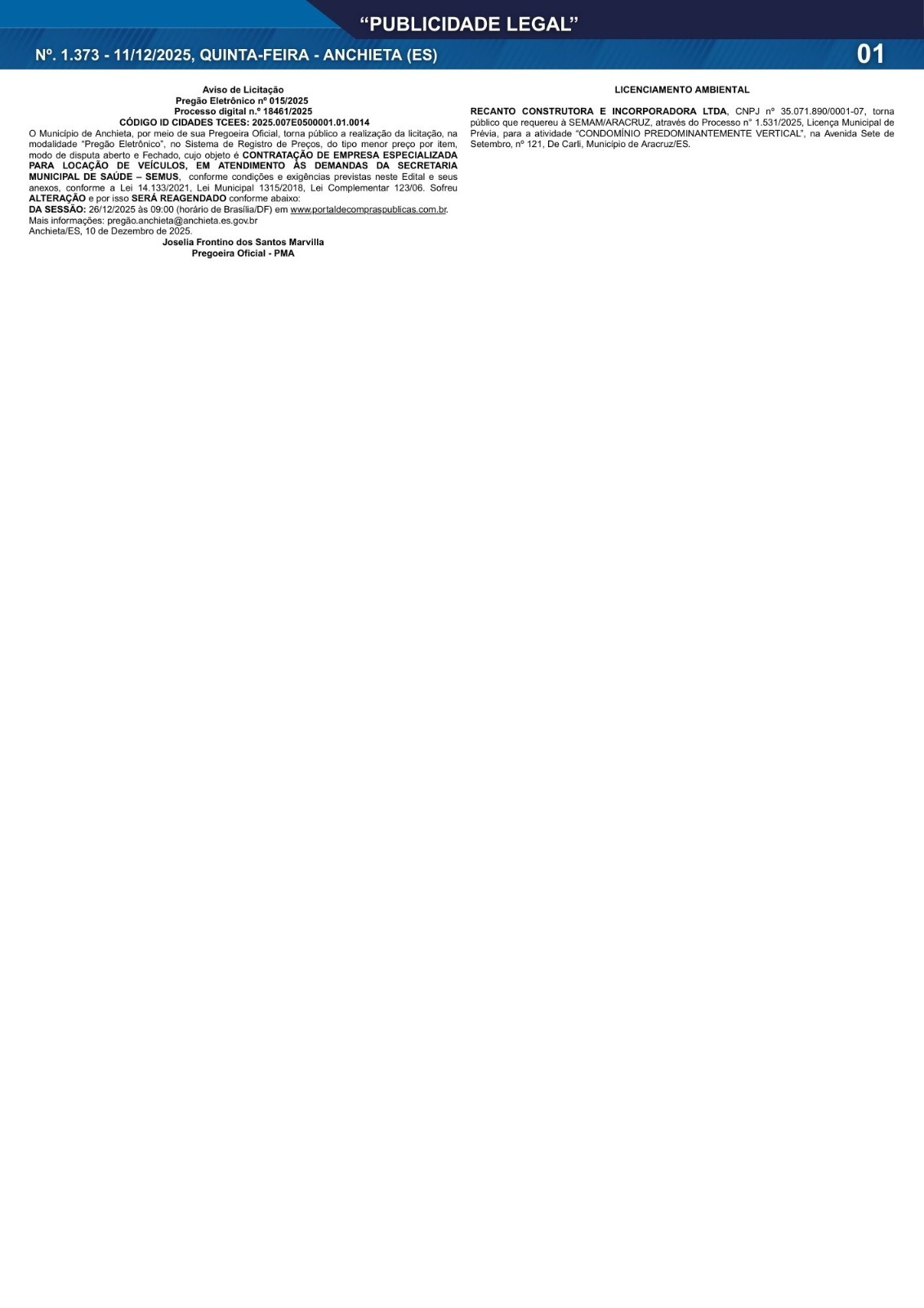 No momento, você está visualizando Publicidade Legal | 11/12/2025 | N°. 1.373