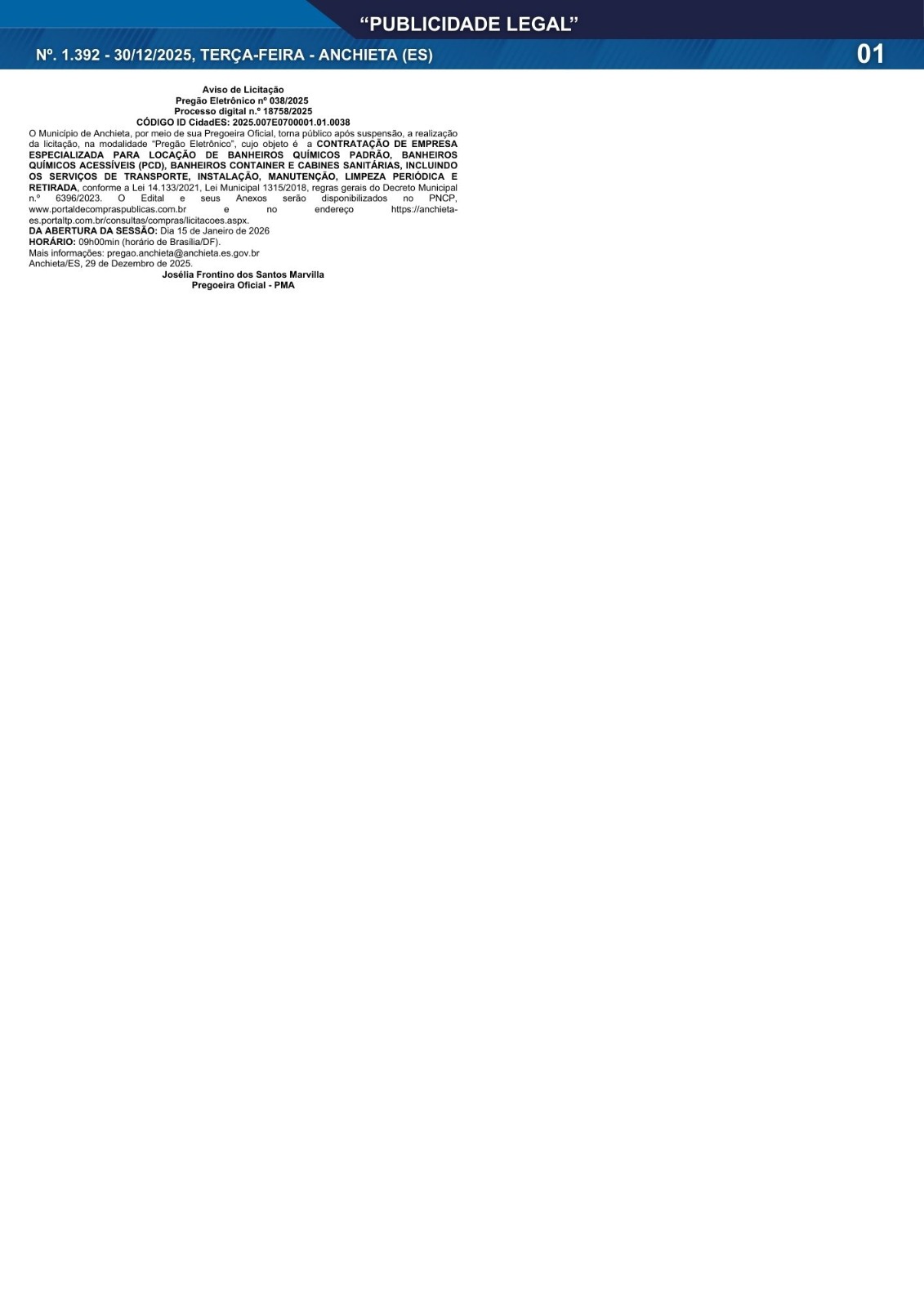 No momento, você está visualizando Publicidade Legal | 30/12/2025 | N°. 1.392