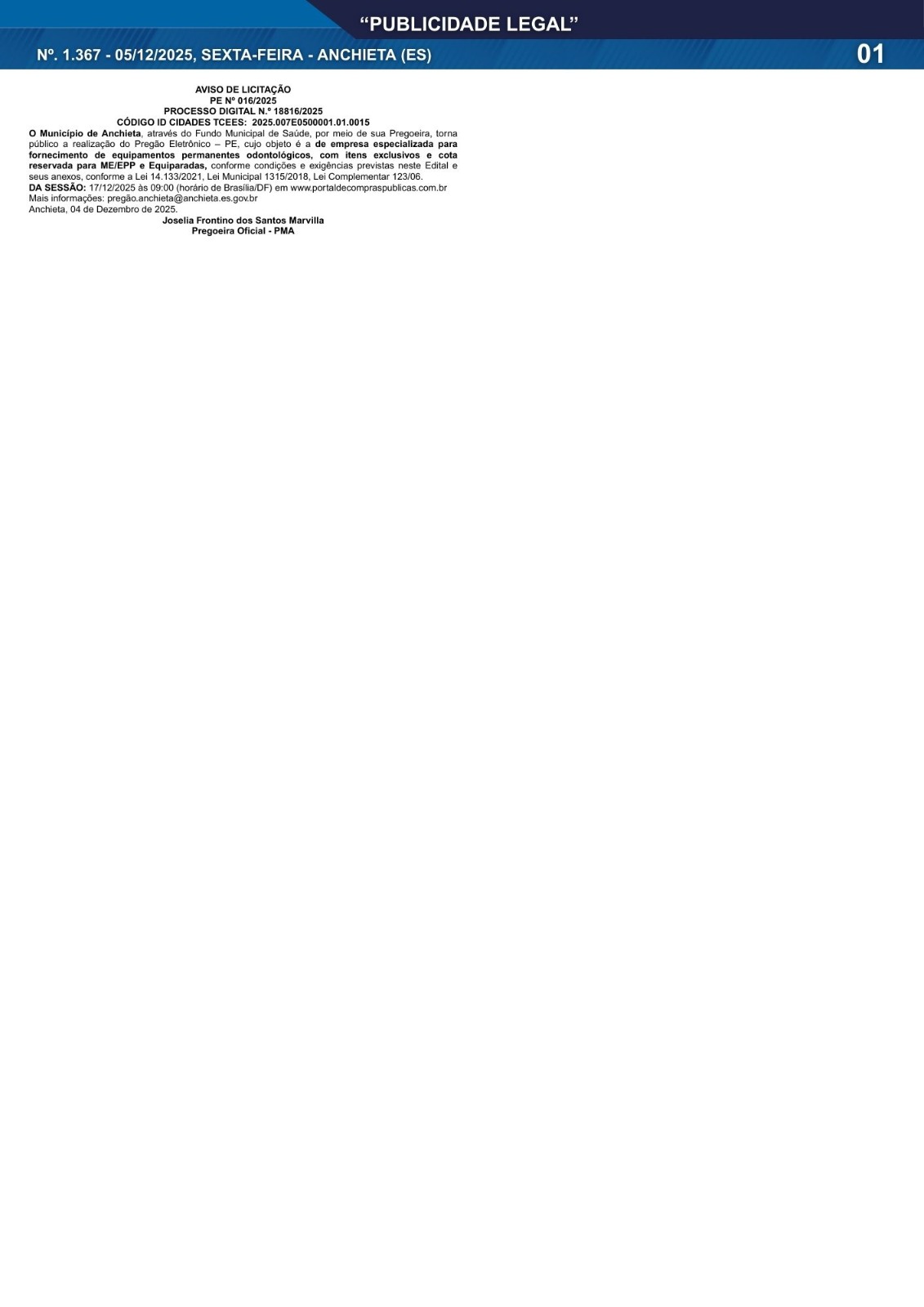 Leia mais sobre o artigo Publicidade Legal | 05/12/2025 | N°. 1.367