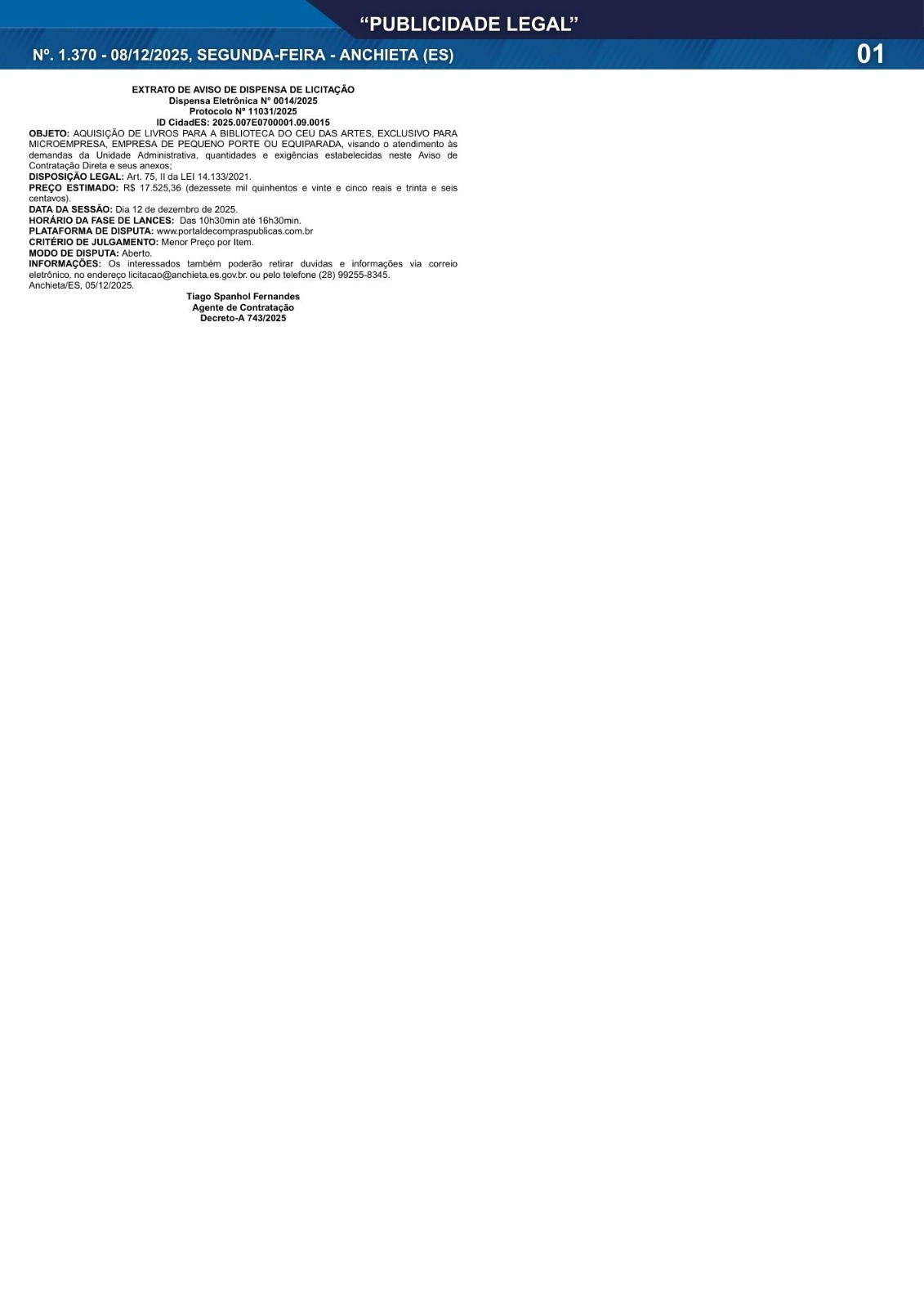 Leia mais sobre o artigo Publicidade Legal | 08/12/2025 | N°. 1.370