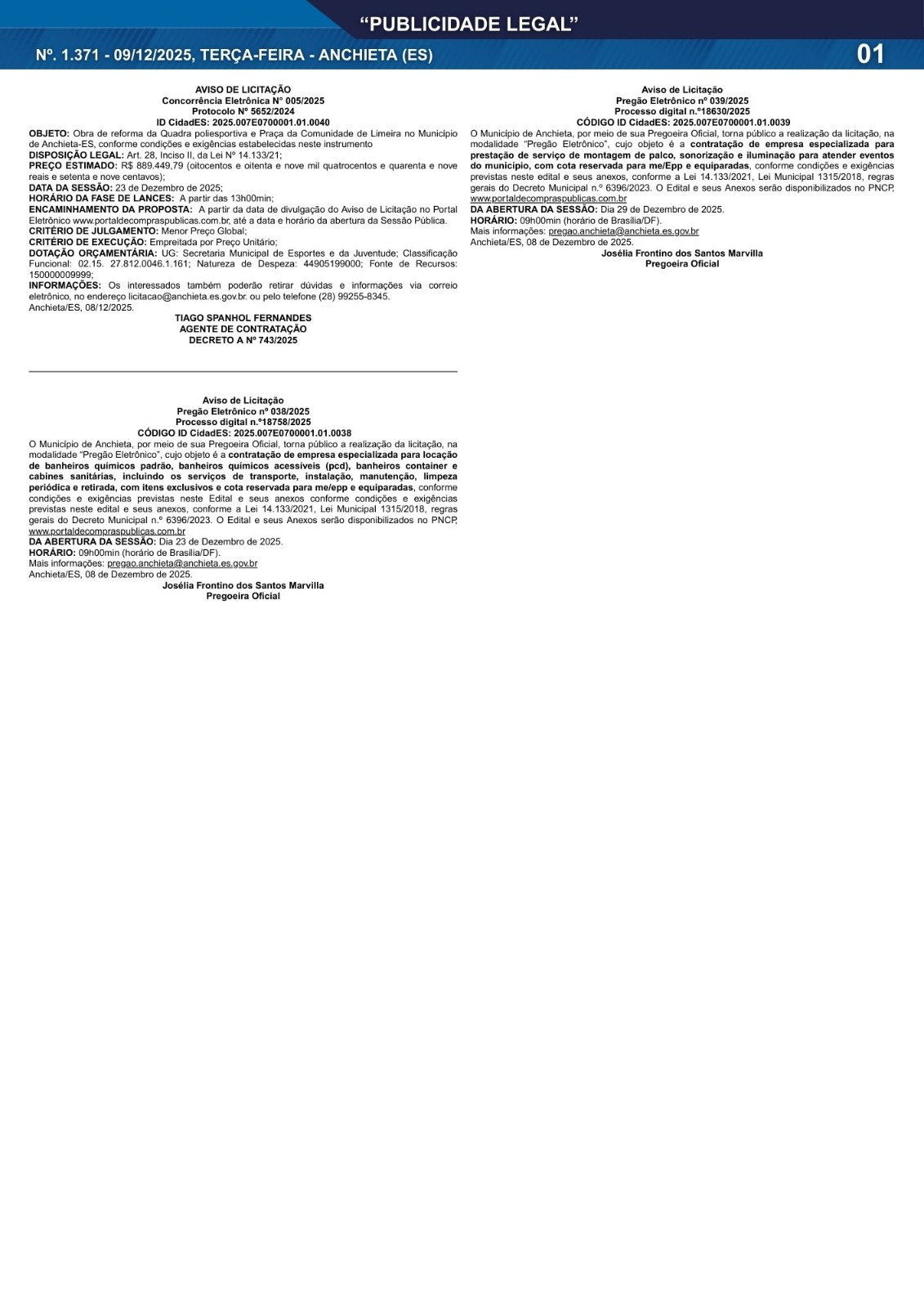 Leia mais sobre o artigo Publicidade Legal | 09/12/2025 | N°. 1.371