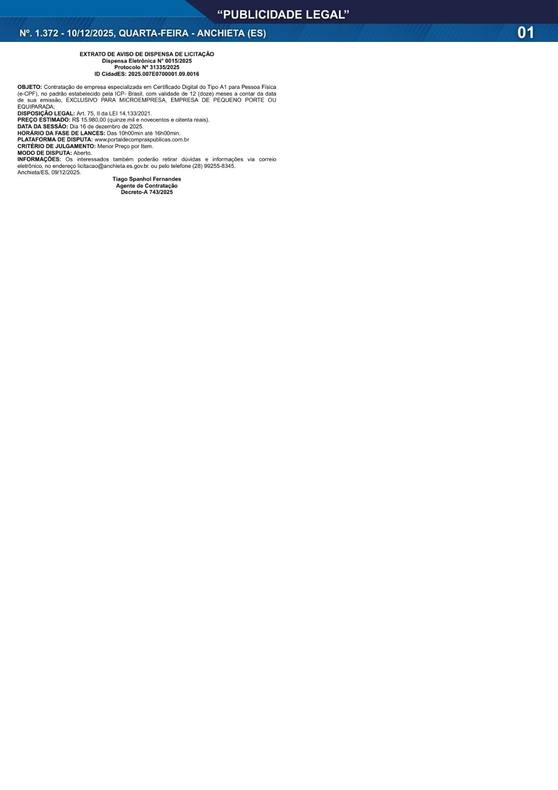 Leia mais sobre o artigo Publicidade Legal | 10/12/2025 | N°. 1.372