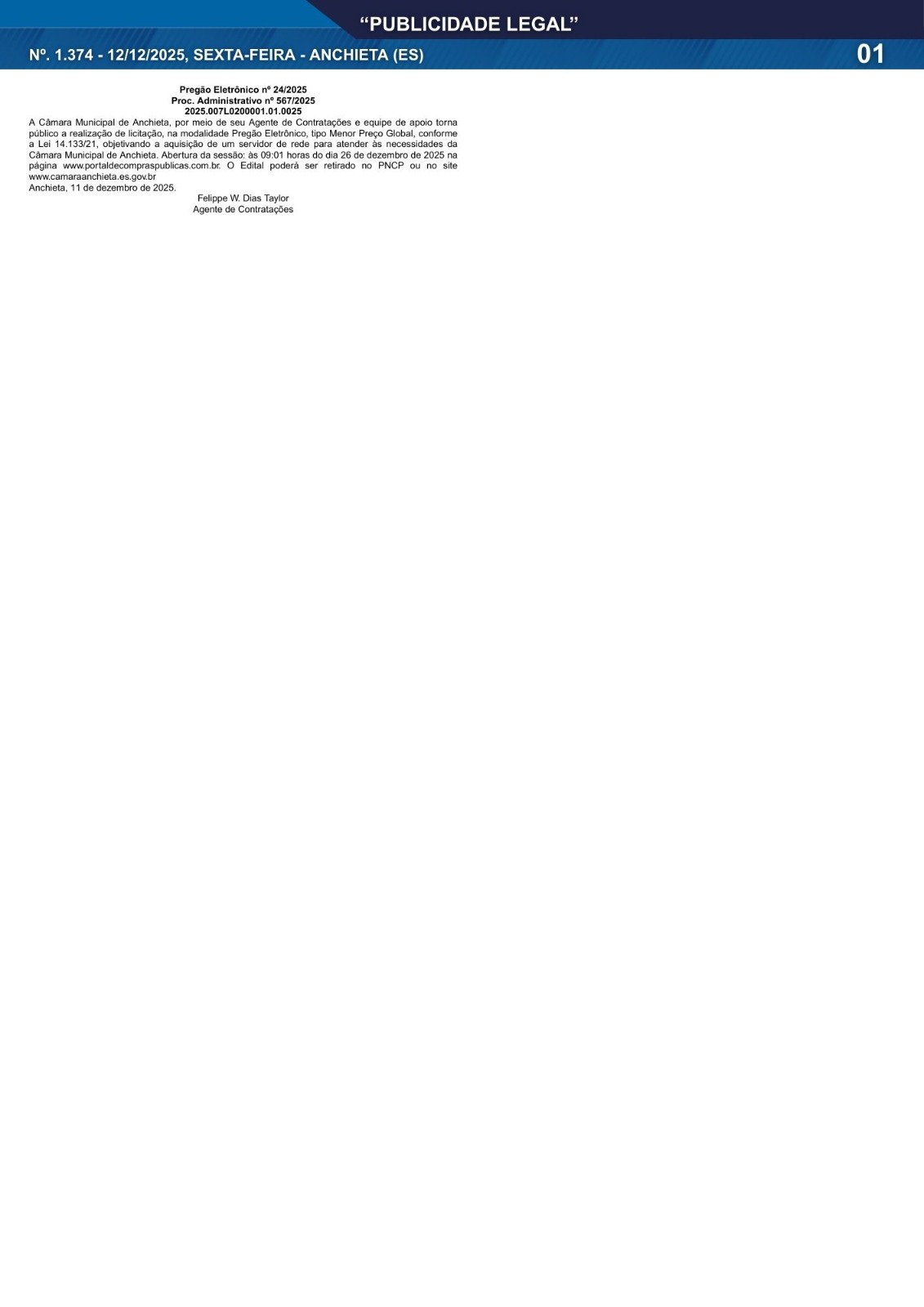 No momento, você está visualizando Publicidade Legal | 12/12/2025 | N°. 1.374