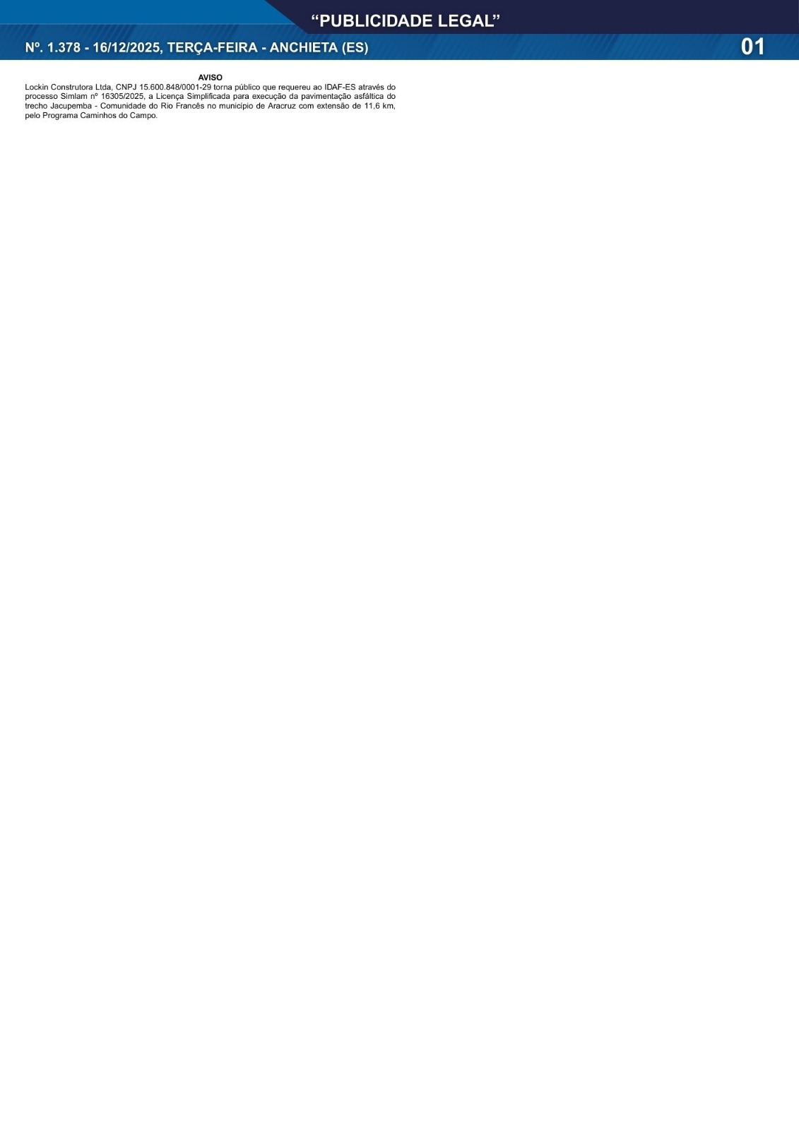 No momento, você está visualizando Publicidade Legal | 16/12/2025 | N°. 1.378