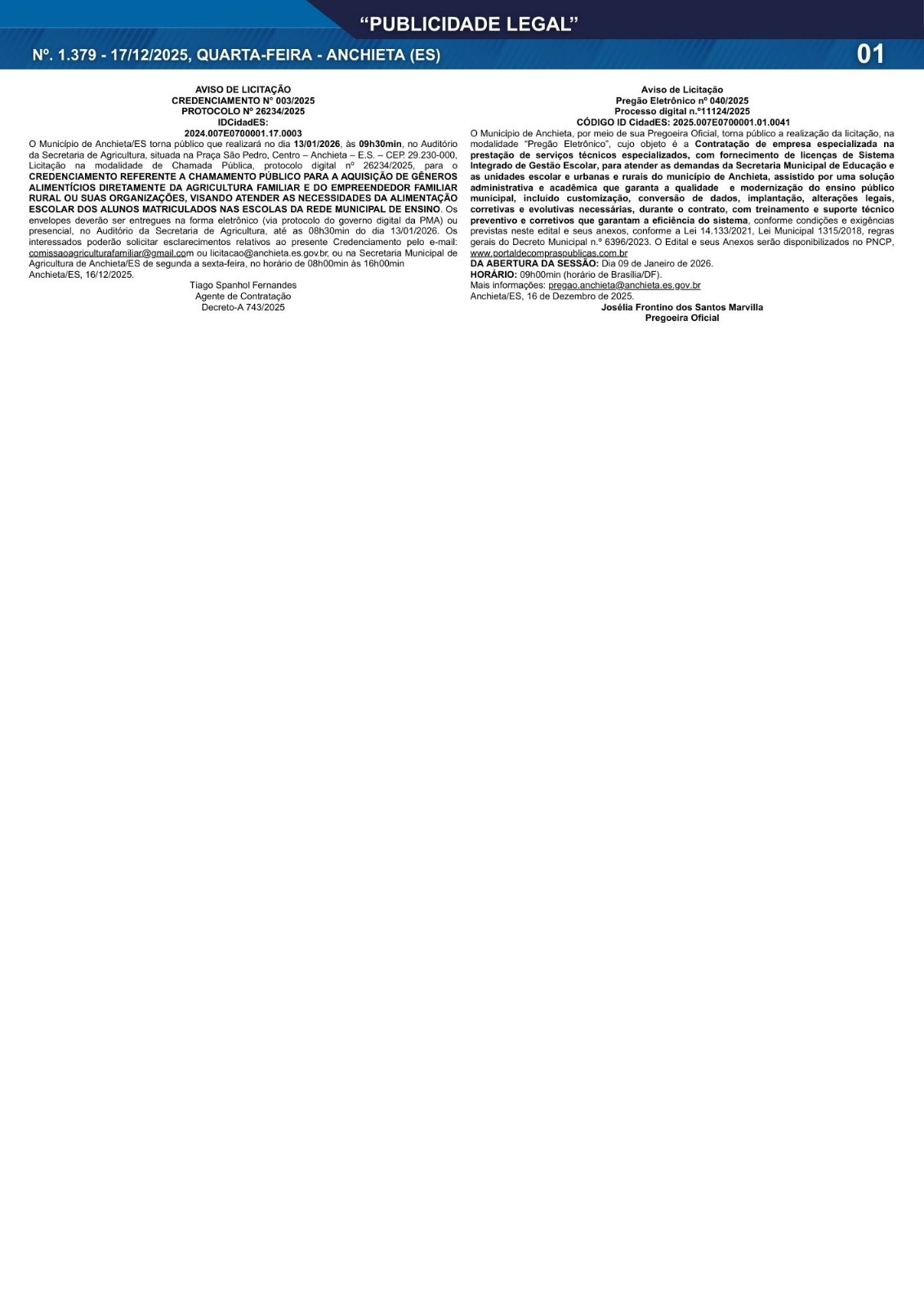 No momento, você está visualizando Publicidade Legal | 17/12/2025 | N°. 1.379