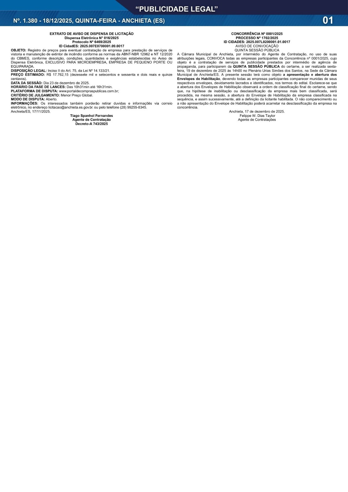 No momento, você está visualizando Publicidade Legal | 18/12/2025 | N°. 1.380