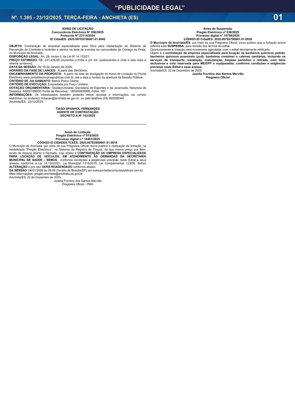 No momento, você está visualizando Publicidade Legal | 23/12/2025 | N°. 1.385