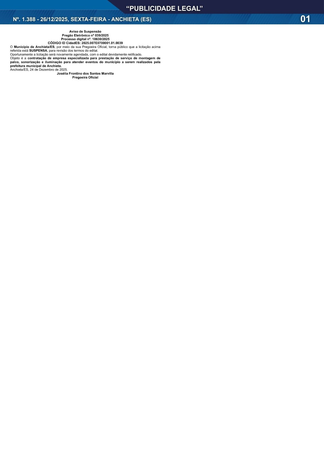 No momento, você está visualizando Publicidade Legal | 26/12/2025 | N°. 1.388