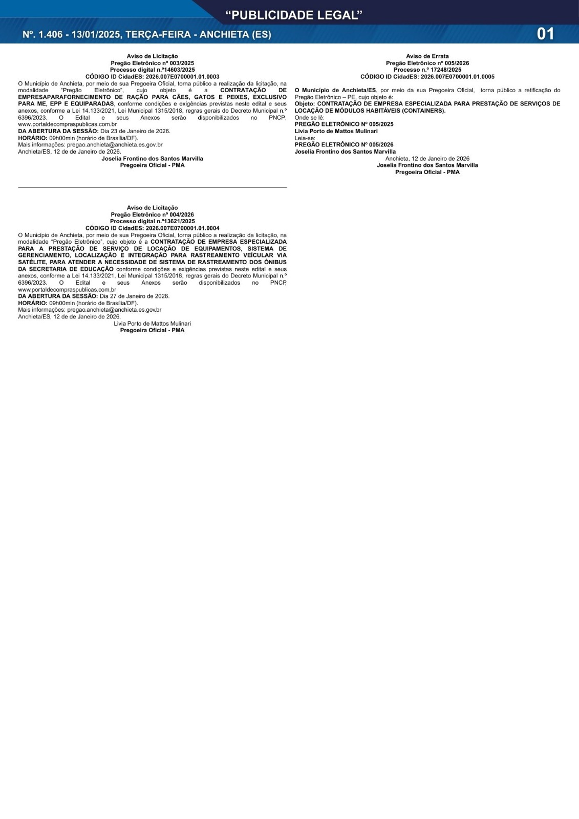 Leia mais sobre o artigo Publicidade Legal | 13/01/2026 | N°. 1.406