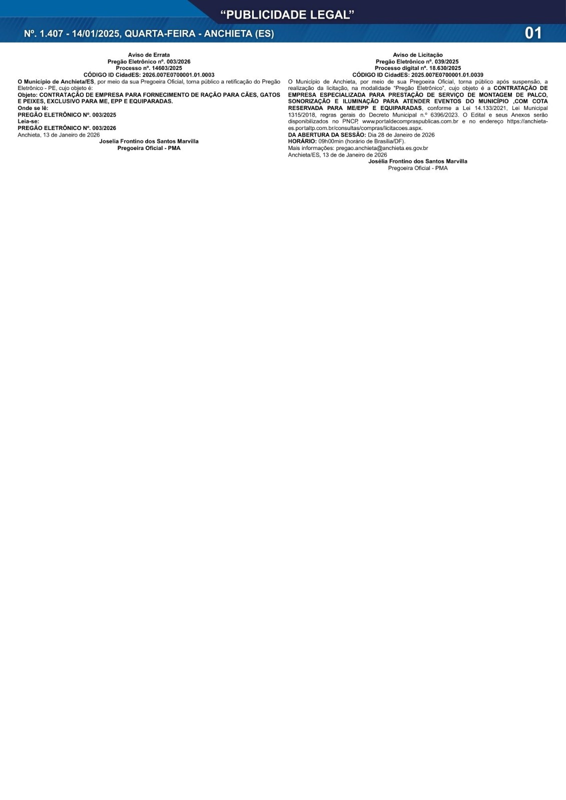 Leia mais sobre o artigo Publicidade Legal | 14/01/2026 | N°. 1.407