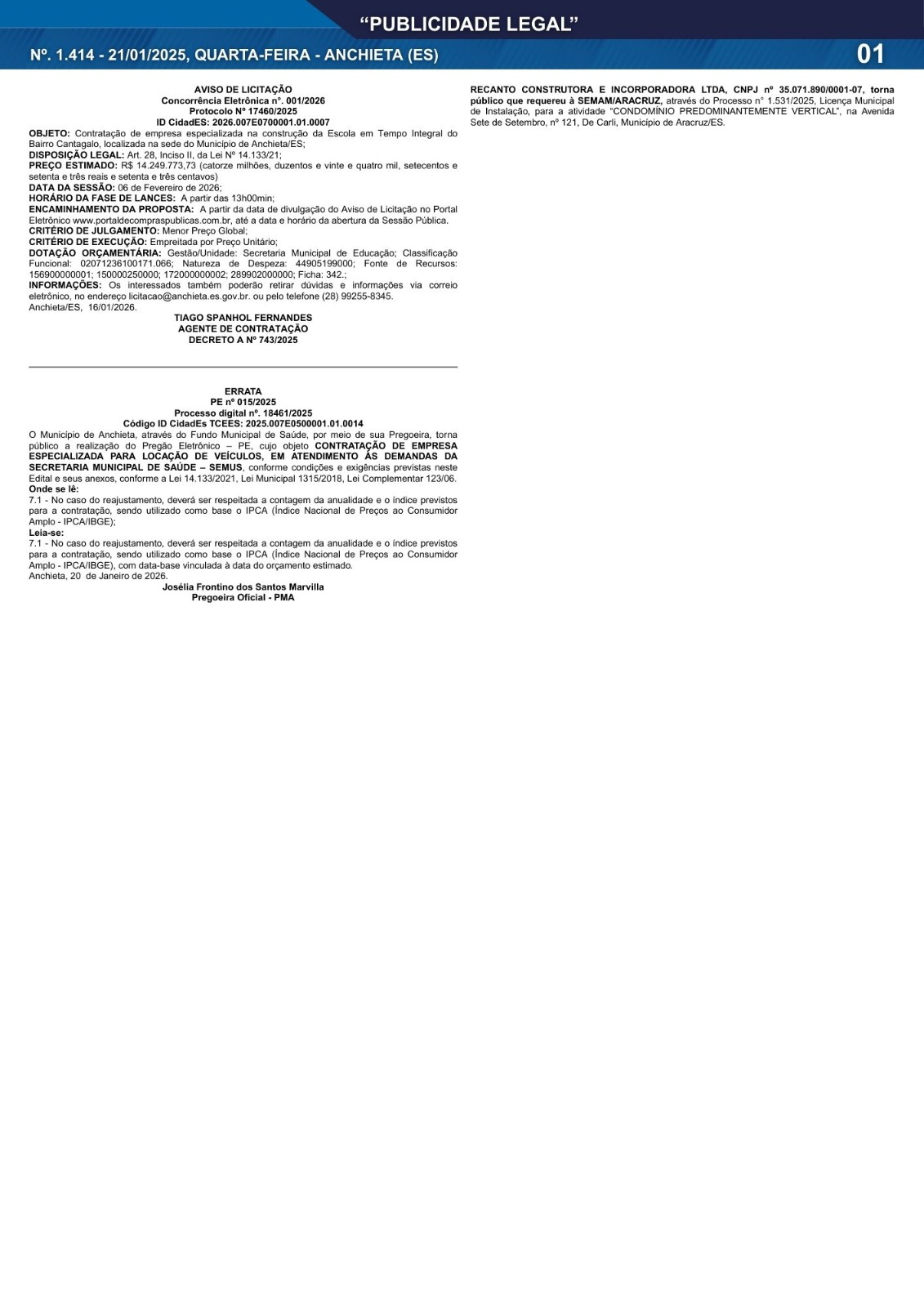 Leia mais sobre o artigo Publicidade Legal | 21/01/2026 | N°. 1.414