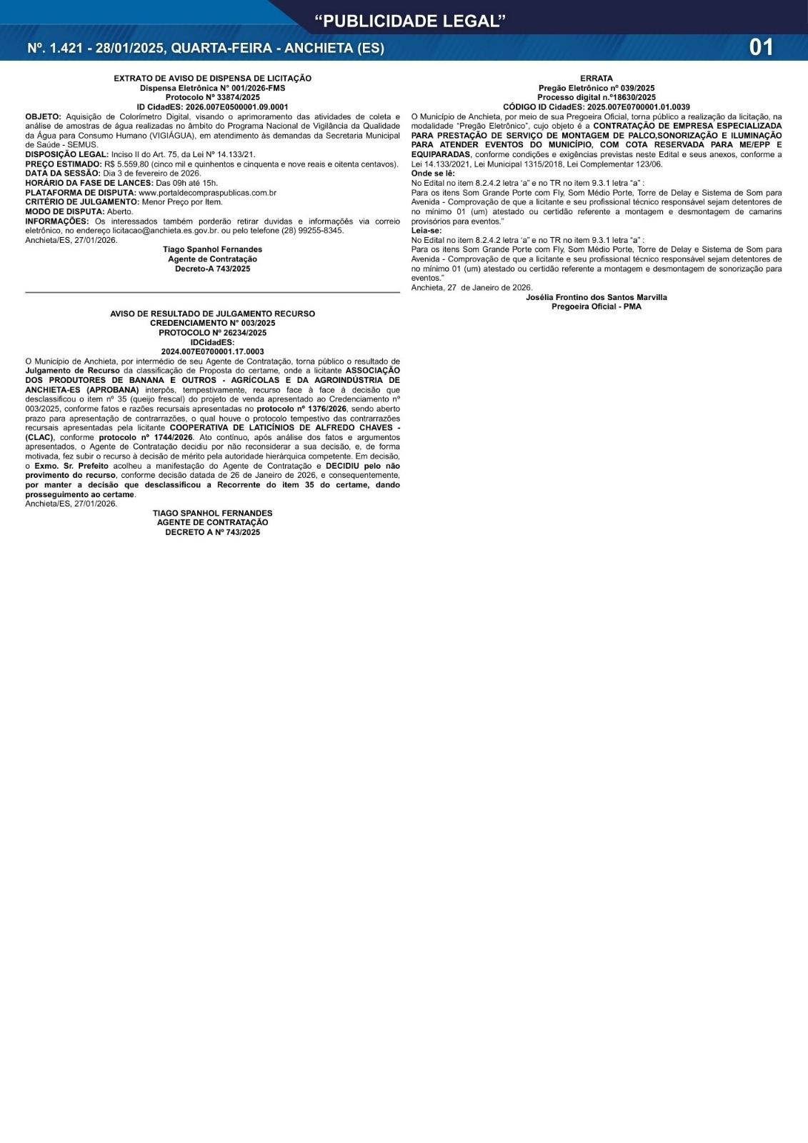 Leia mais sobre o artigo Publicidade Legal | 28/01/2026 | N°. 1.421