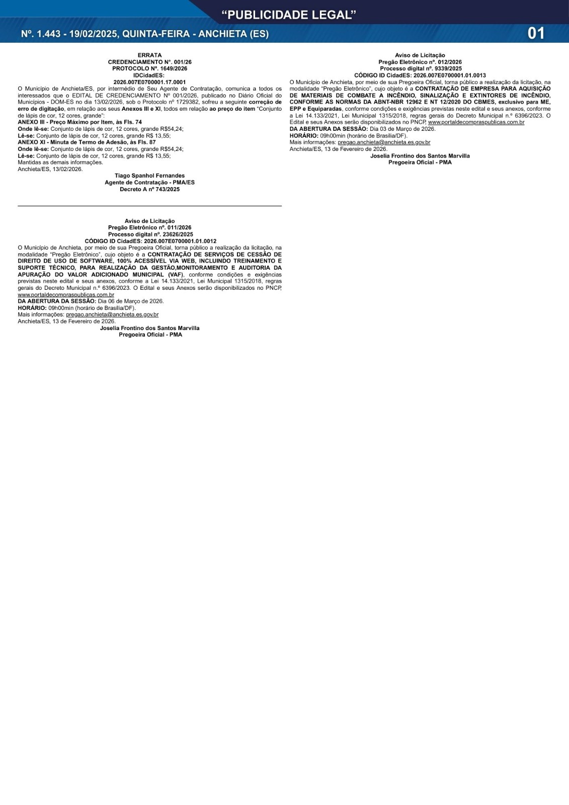 Leia mais sobre o artigo Publicidade Legal | 19/02/2026 | N°. 1.443