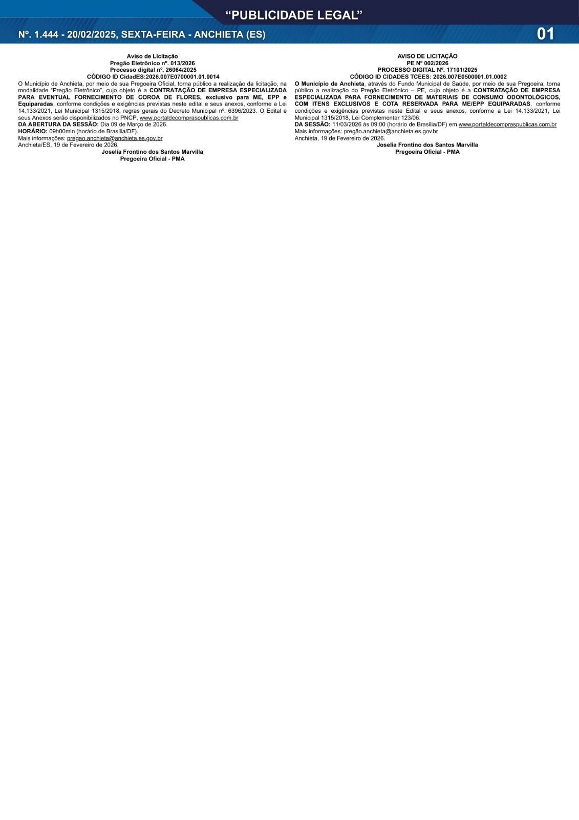 Leia mais sobre o artigo Publicidade Legal | 20/02/2026 | N°. 1.444