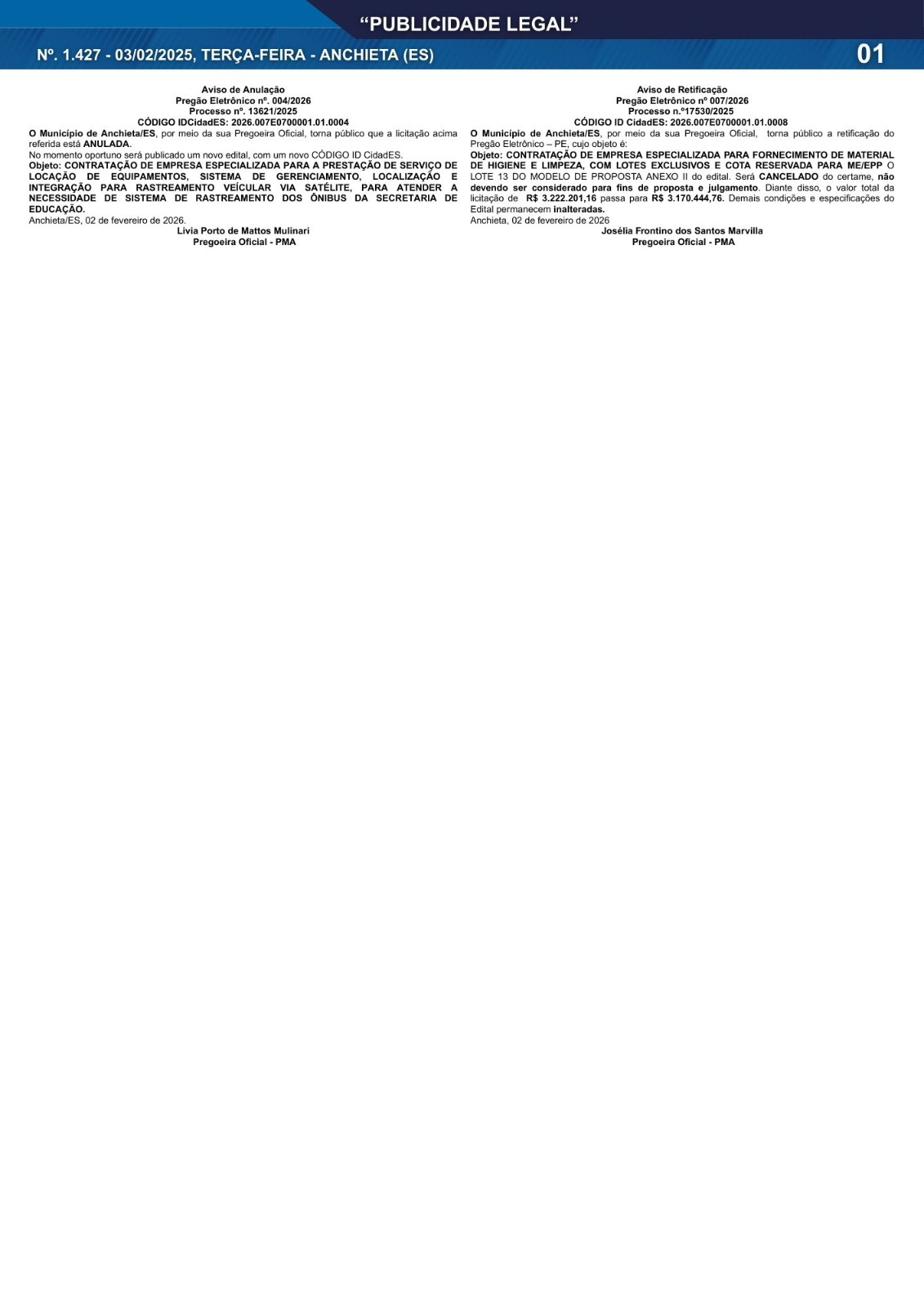 No momento, você está visualizando Publicidade Legal | 03/02/2026 | N°. 1.427