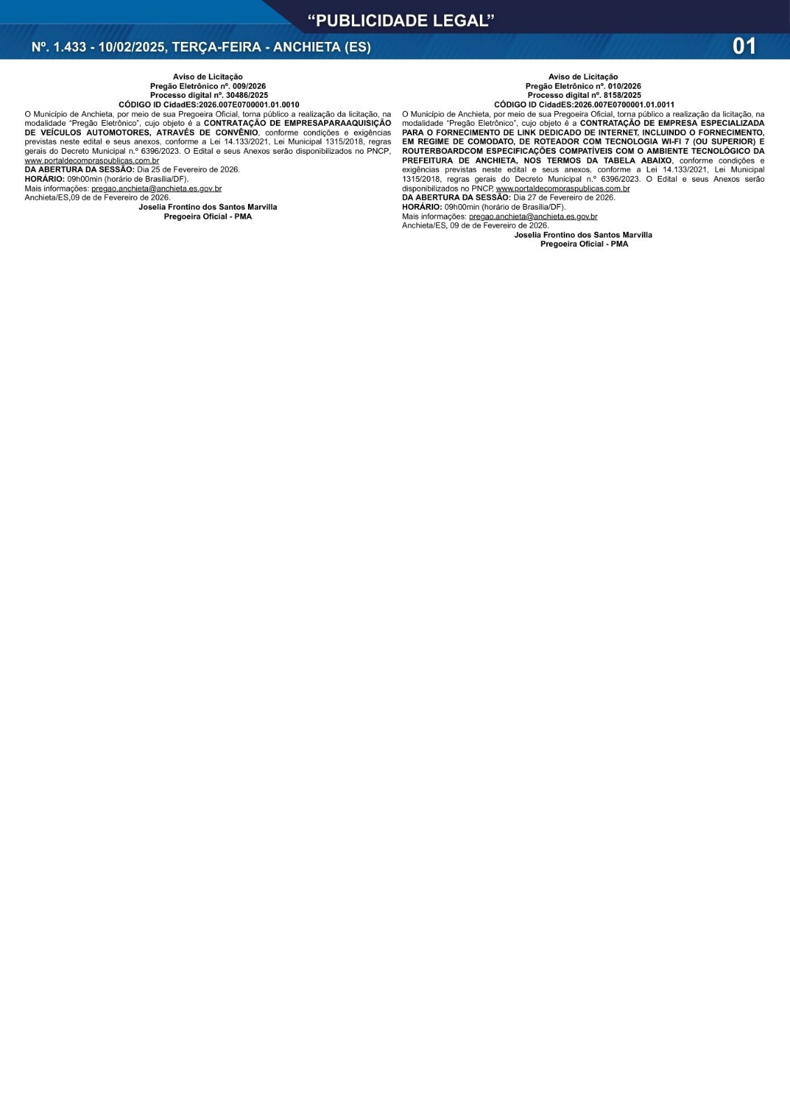 Leia mais sobre o artigo Publicidade Legal | 10/02/2026 | N°. 1.434