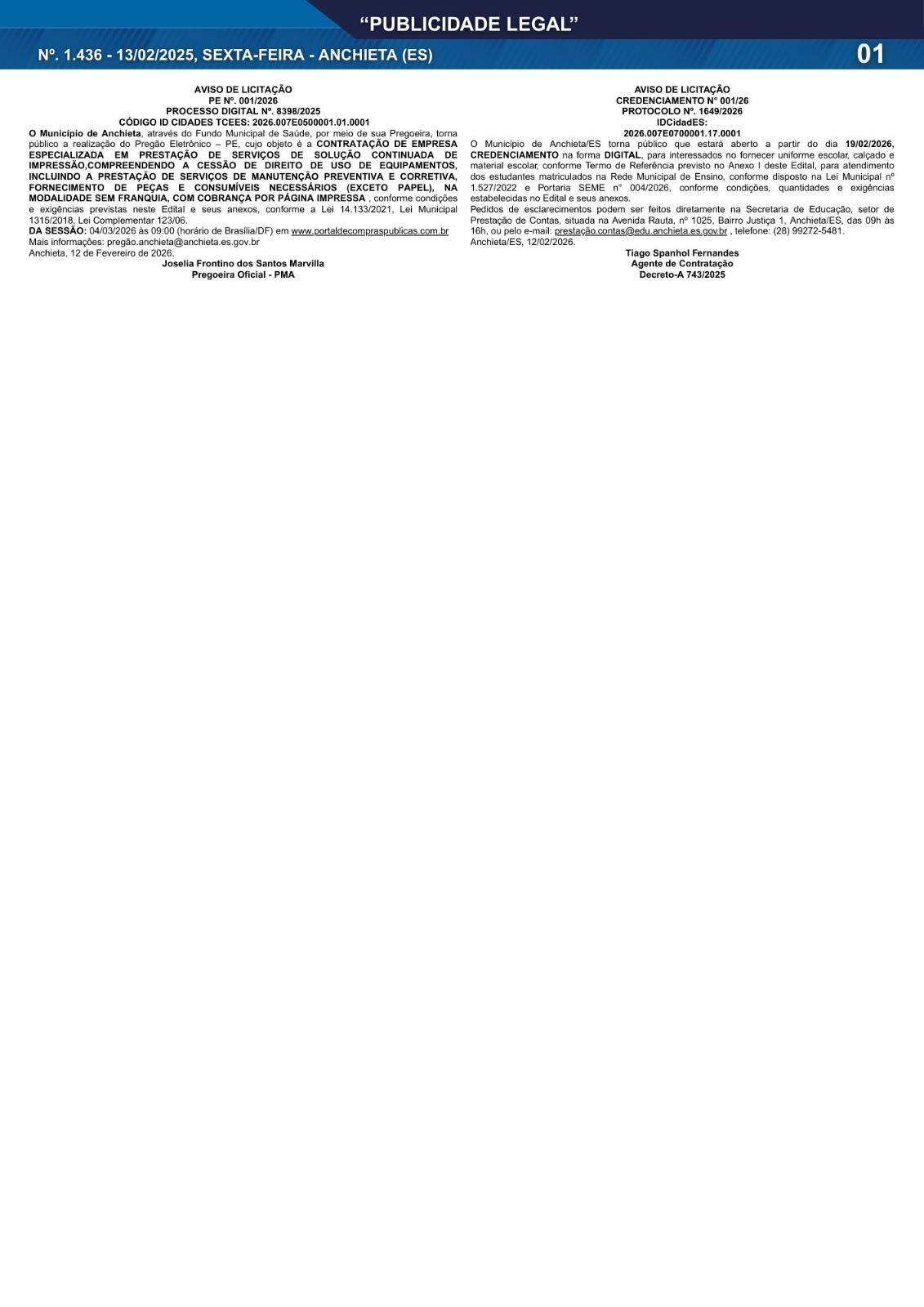 Leia mais sobre o artigo Publicidade Legal | 13/02/2026 | N°. 1.437