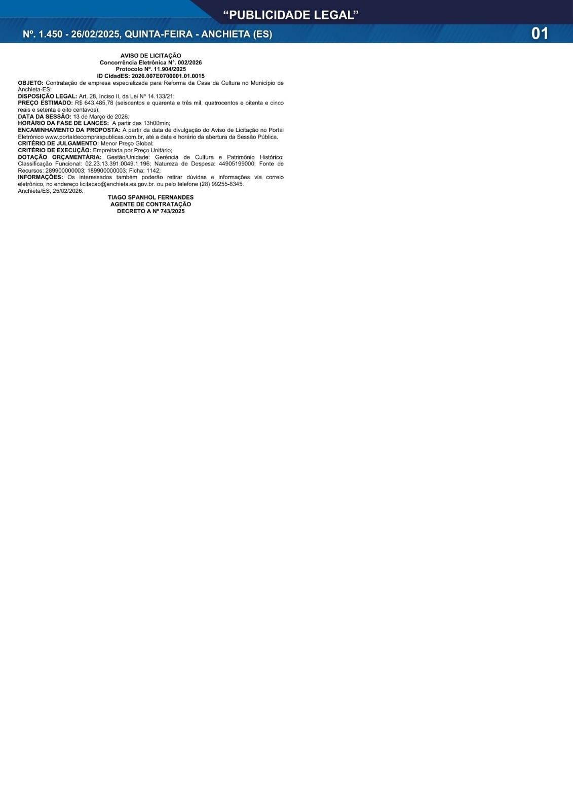 Leia mais sobre o artigo Publicidade Legal | 26/02/2026 | N°. 1.450